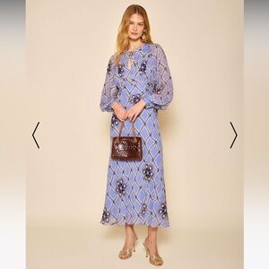 Anthropologie RIXO Aero Blue and Black Floral Long Sleeve Dress
